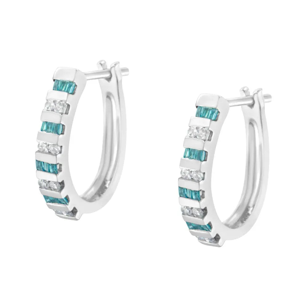10k White Gold Round and Blue Baguette Diamond Hoop Earrings (0.50 cttw, I-J Color, I2-I3 Clarity) - Bijoux-NYC Direct