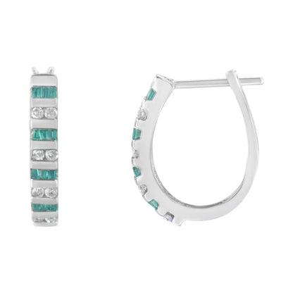 10k White Gold Round and Blue Baguette Diamond Hoop Earrings (0.50 cttw, I-J Color, I2-I3 Clarity) - Bijoux-NYC Direct