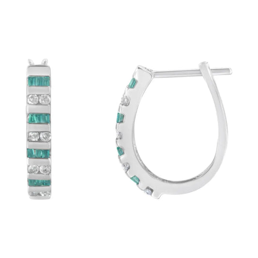 10k White Gold Round and Blue Baguette Diamond Hoop Earrings (0.50 cttw, I-J Color, I2-I3 Clarity) - Bijoux-NYC Direct