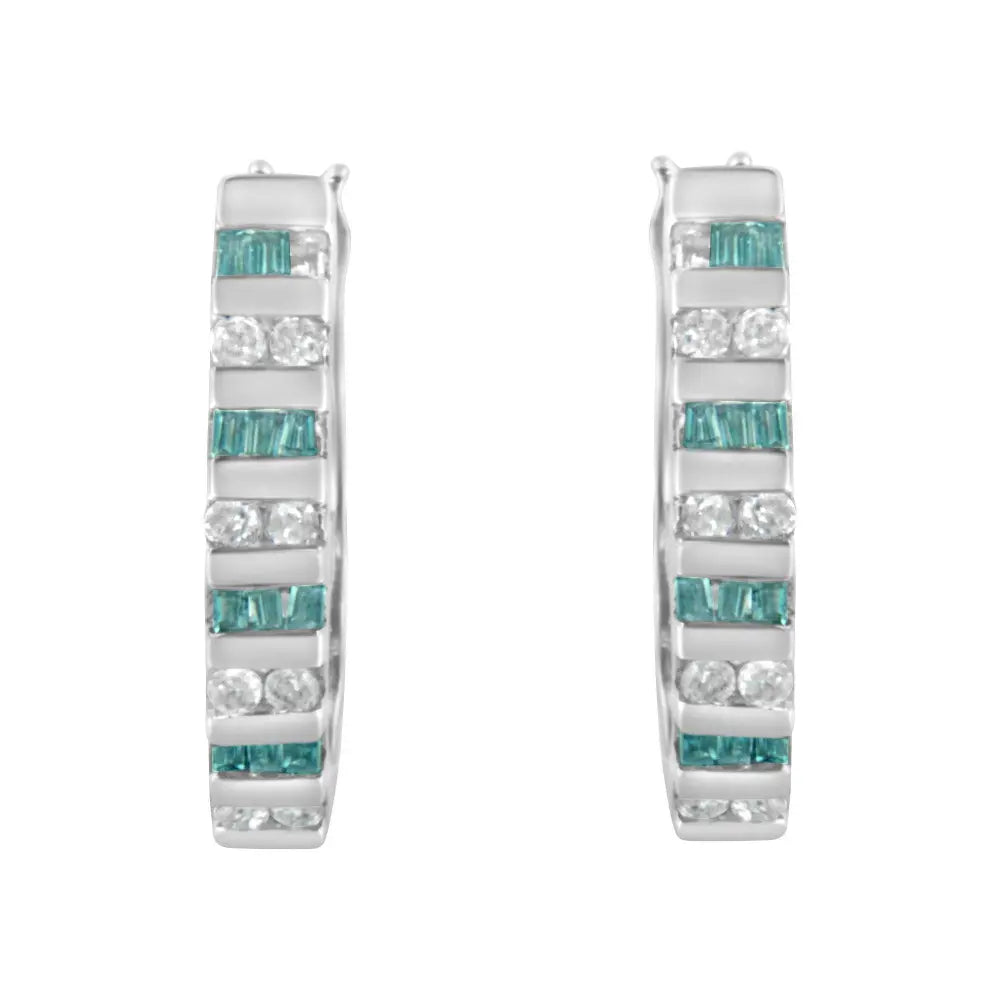 10k White Gold Round and Blue Baguette Diamond Hoop Earrings (0.50 cttw, I-J Color, I2-I3 Clarity) - Bijoux-NYC Direct