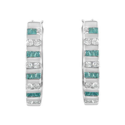 10k White Gold Round and Blue Baguette Diamond Hoop Earrings (0.50 cttw, I-J Color, I2-I3 Clarity) - Bijoux-NYC Direct