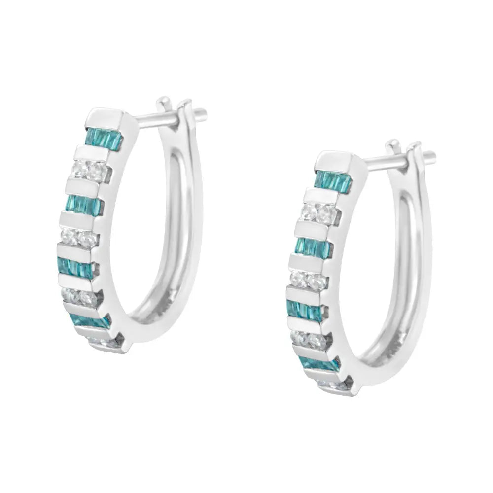 10k white gold round and blue baguette diamond hoop earrings 0.50 cttw bijoux-nyc direct