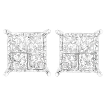 10K White Gold Square Earrings with Princess Cut Diamond (3/4 cttw, I-J Color, I2-I3 Clarity) - Bijoux-NYC Direct