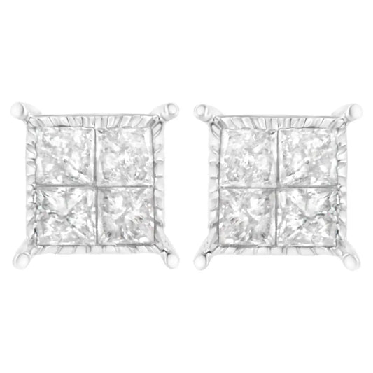 10K White Gold Square Earrings with Princess Cut Diamond (3/4 cttw, I-J Color, I2-I3 Clarity) - Bijoux-NYC Direct
