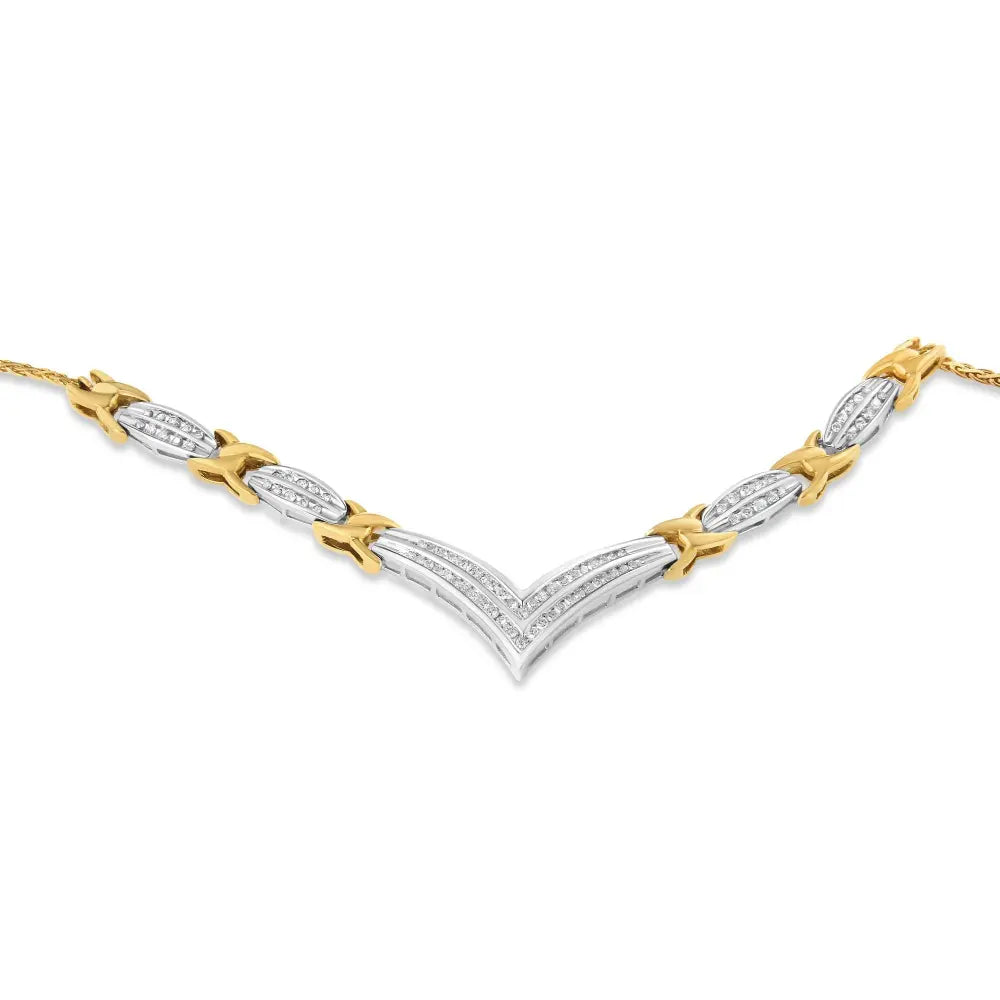 10K Yellow and White Gold 1.0 Cttw Round and Princess cut Diamond "V" Shape Statement Necklace (I-J Color, I1-I2 Clarity) - Bijoux-NYC Direct