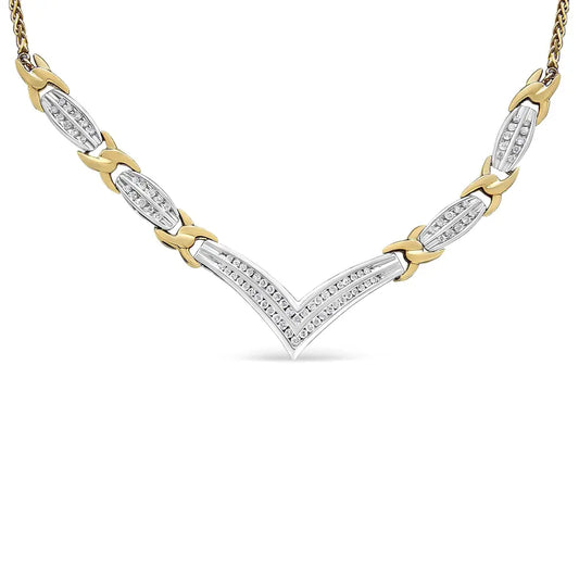 10K Yellow and White Gold 1.0 Cttw Round and Princess cut Diamond "V" Shape Statement Necklace (I-J Color, I1-I2 Clarity) - Bijoux-NYC Direct