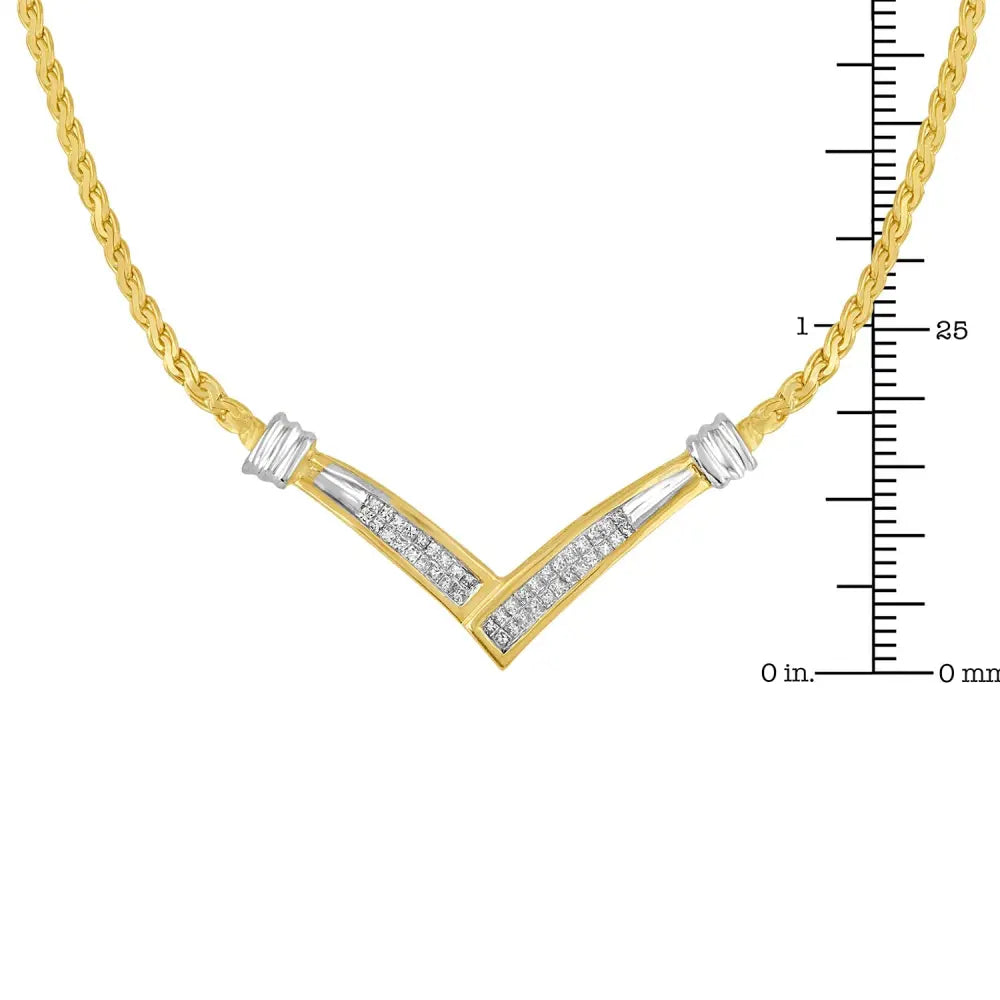 10K Yellow and White Gold 1/2 Cttw Princess Cut Diamond Channel-Set “V” Shape 18" Franco Chain Necklace (H-I Color, SI2-I1 Clarity) - Bijoux-NYC Direct