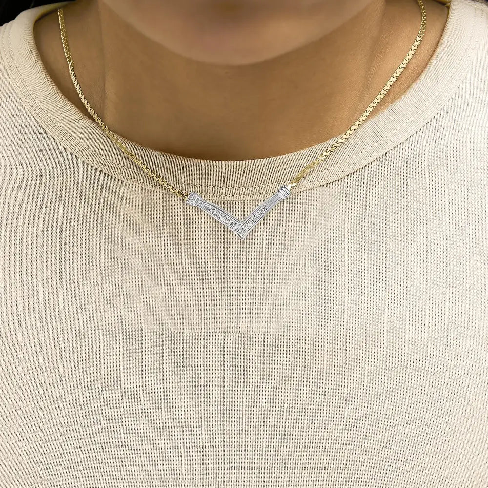 Princess cut diamond v-shape franco chain necklace in 10k two-tone gold – 1/2 cttw bijoux-nyc direct
