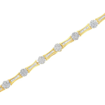 10K Yellow and White Gold 2.00 cttw Round and Baguette-Cut Diamond Link Bracelet (I-J Color, I2-I3 Clarity) - Size 7.25" - Bijoux-NYC Direct