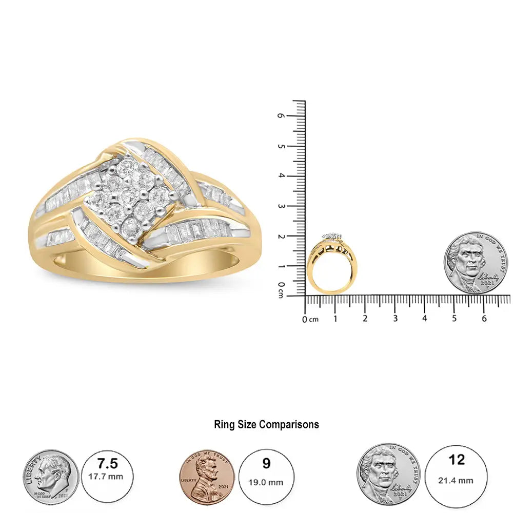 10k yellow and white gold 3/4 cttw diamond cluster and swirl ring bijoux-nyc direct