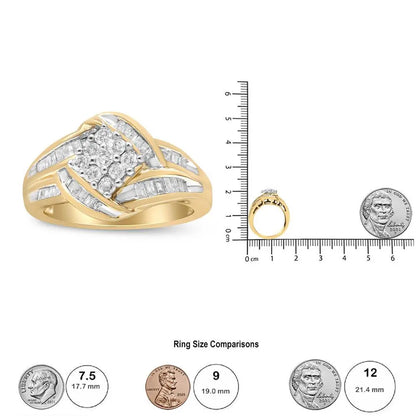 10K Yellow and White Gold 3/4 Cttw Diamond Cluster and Swirl Ring (H-I Color, I1-I2 Clarity) - Bijoux-NYC Direct