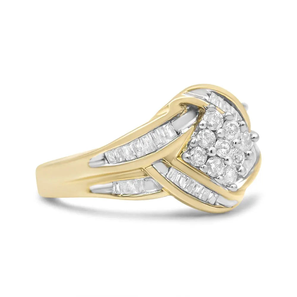 10K Yellow and White Gold 3/4 Cttw Diamond Cluster and Swirl Ring (H-I Color, I1-I2 Clarity) - Bijoux-NYC Direct
