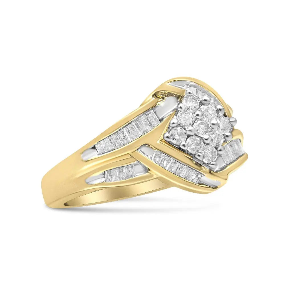 10K Yellow and White Gold 3/4 Cttw Diamond Cluster and Swirl Ring (H-I Color, I1-I2 Clarity) - Bijoux-NYC Direct