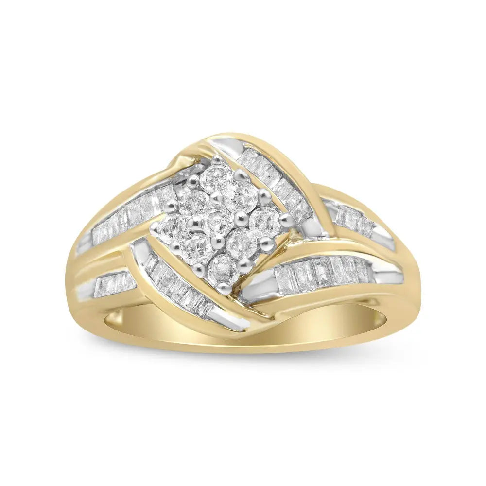 10K Yellow and White Gold 3/4 Cttw Diamond Cluster and Swirl Ring (H-I Color, I1-I2 Clarity) - Bijoux-NYC Direct