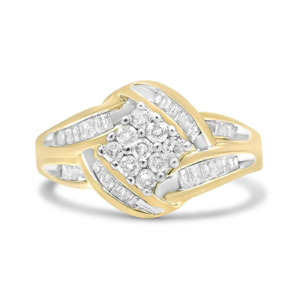 10K Yellow and White Gold 3/4 Cttw Diamond Cluster and Swirl Ring (H-I Color, I1-I2 Clarity) - Bijoux-NYC Direct