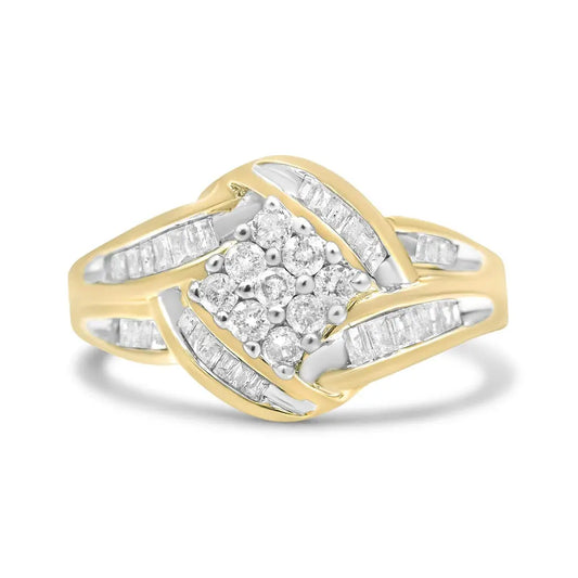 10K Yellow and White Gold 3/4 Cttw Diamond Cluster and Swirl Ring (H-I Color, I1-I2 Clarity) - Bijoux-NYC Direct