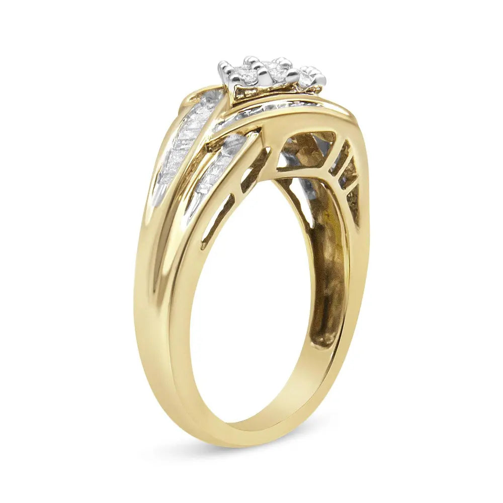 10K Yellow and White Gold 3/4 Cttw Diamond Cluster and Swirl Ring (H-I Color, I1-I2 Clarity) - Bijoux-NYC Direct