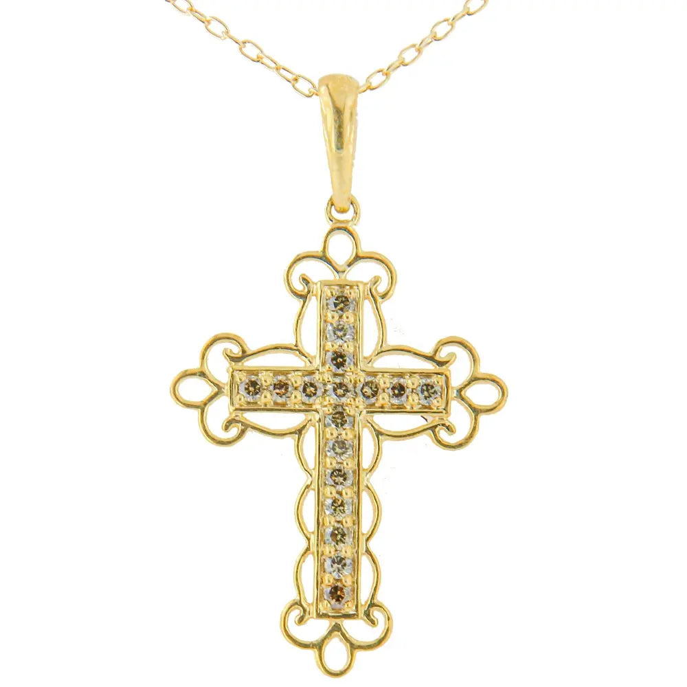 10K Yellow Flashed .925 Sterling Silver 1/4 Cttw Champagne Diamond Filigree Cross Pendant Necklace (K-L Color, I1-I2 Clarity) - 18" - Bijoux-NYC Direct