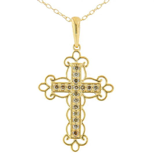 10K Yellow Flashed .925 Sterling Silver 1/4 Cttw Champagne Diamond Filigree Cross Pendant Necklace (K-L Color, I1-I2 Clarity) - 18" - Bijoux-NYC Direct