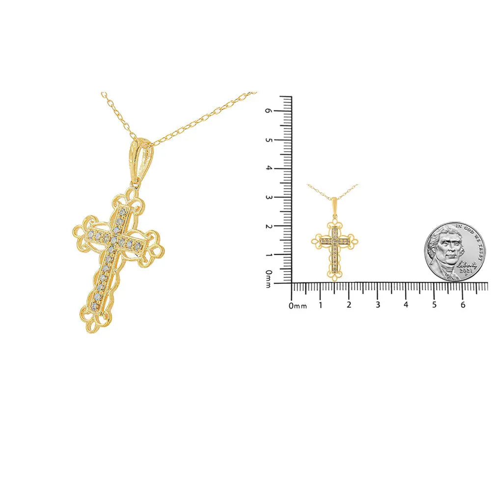 10K Yellow Flashed .925 Sterling Silver 1/4 Cttw Champagne Diamond Filigree Cross Pendant Necklace (K-L Color, I1-I2 Clarity) - 18" - Bijoux-NYC Direct