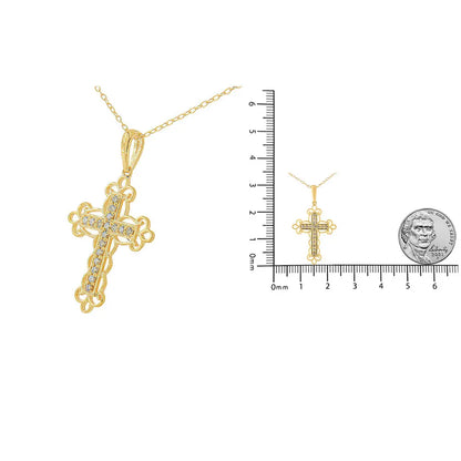 10K Yellow Flashed .925 Sterling Silver 1/4 Cttw Champagne Diamond Filigree Cross Pendant Necklace (K-L Color, I1-I2 Clarity) - 18" - Bijoux-NYC Direct