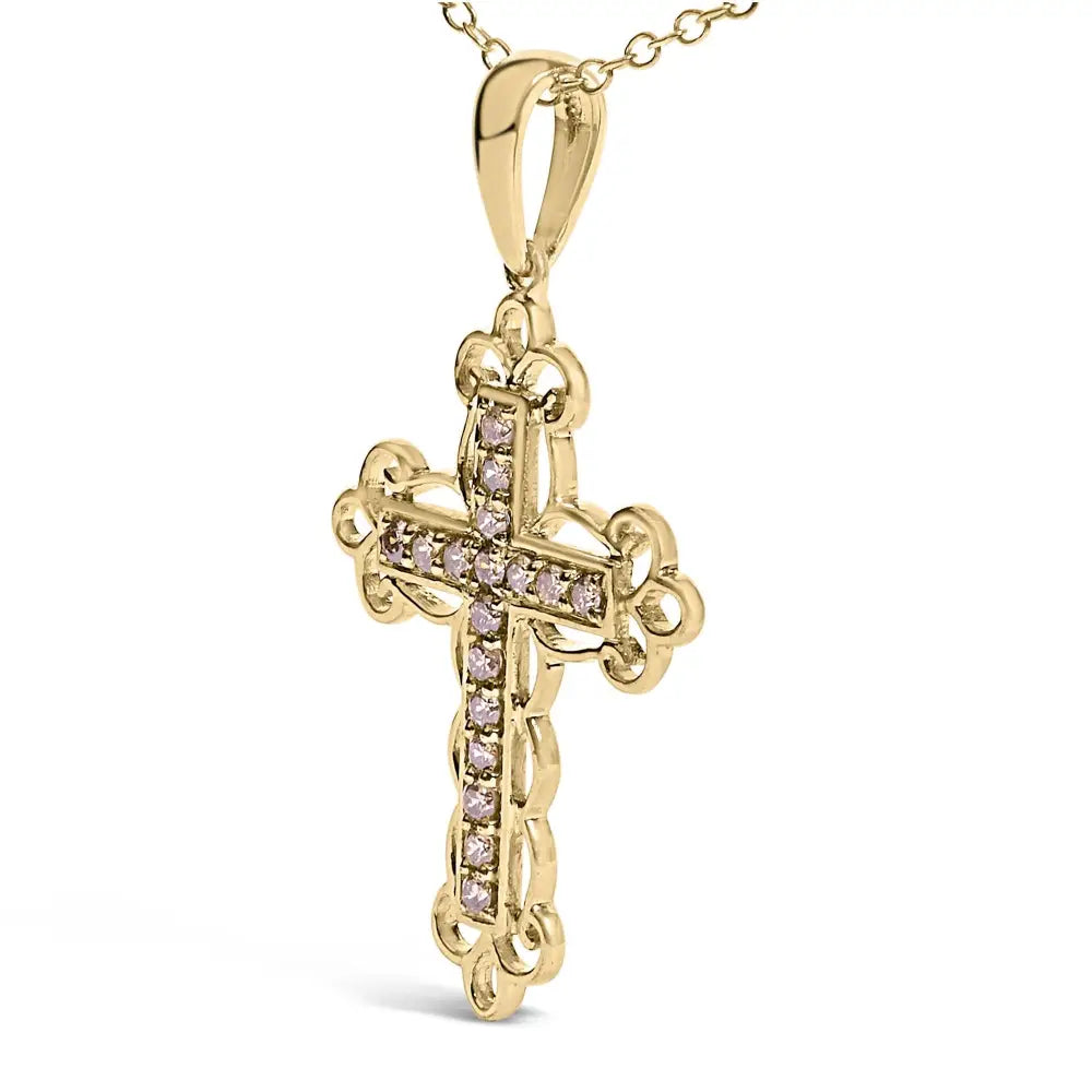 1/4 cttw champagne diamond filigree cross pendant in 10k gold over silver bijoux-nyc direct