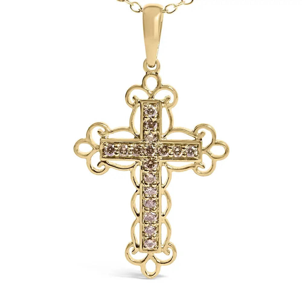 1/4 cttw champagne diamond filigree cross pendant in 10k gold over silver bijoux-nyc direct