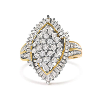 10K Yellow Gold 1.0 Cttw Round and Baguette-Cut Diamond Cluster Ring (I-J Color, SI2-I1 Clarity) - Bijoux-NYC Direct