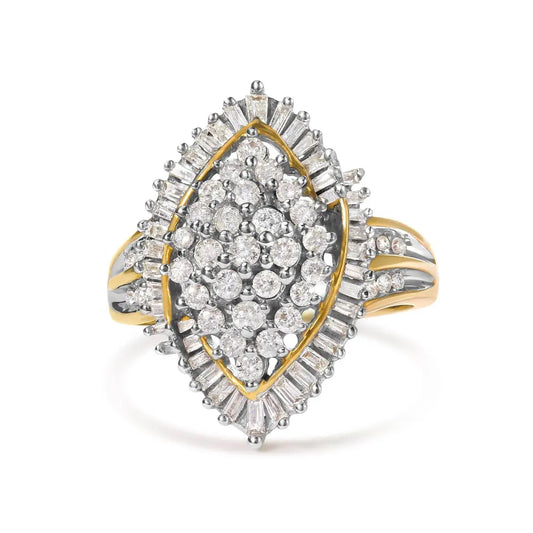 10K Yellow Gold 1.0 Cttw Round and Baguette-Cut Diamond Cluster Ring (I-J Color, SI2-I1 Clarity) - Bijoux-NYC Direct