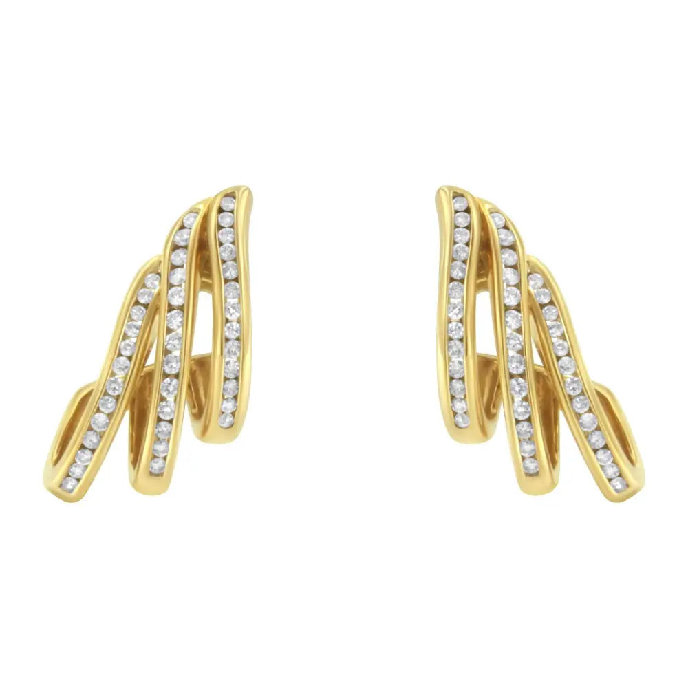 10K Yellow Gold 1.0 Cttw Round Brilliant Cut Diamond Spiral Multi Row Channel Set Open Hoop Pushback Stud Earrings (H-I Color, I1-I2 Clarity) - Bijoux-NYC Direct