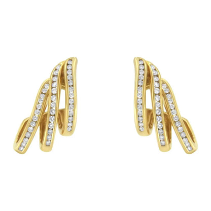 10K Yellow Gold 1.0 Cttw Round Brilliant Cut Diamond Spiral Multi Row Channel Set Open Hoop Pushback Stud Earrings (H-I Color, I1-I2 Clarity) - Bijoux-NYC Direct