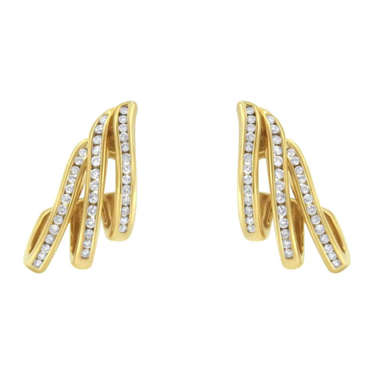 10K Yellow Gold 1.0 Cttw Round Brilliant Cut Diamond Spiral Multi Row Channel Set Open Hoop Pushback Stud Earrings (H-I Color, I1-I2 Clarity) - Bijoux-NYC Direct