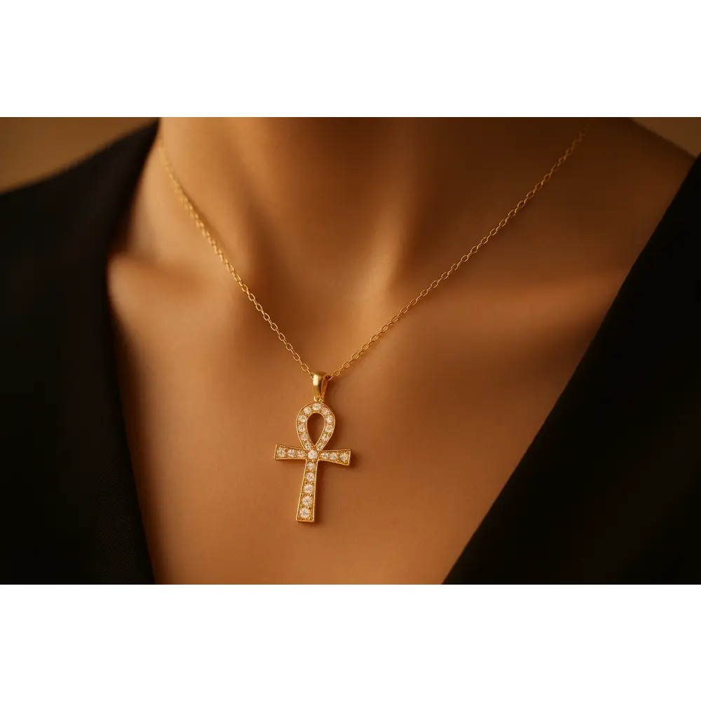 lifestyle image of 10K Yellow Gold 1.00 Cttw Ankh Cross Pendant (H-I Color, SI1-SI2 Clarity) -18" Inches