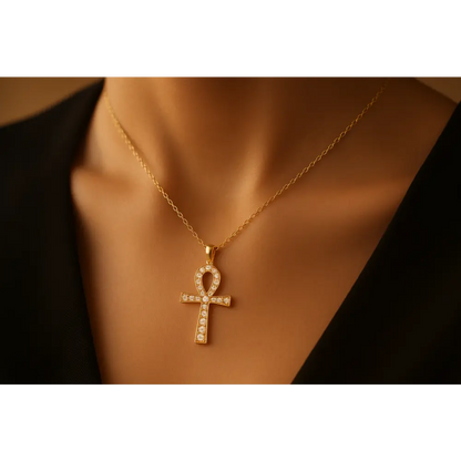 lifestyle image of 10K Yellow Gold 1.00 Cttw Ankh Cross Pendant (H-I Color, SI1-SI2 Clarity) -18" Inches
