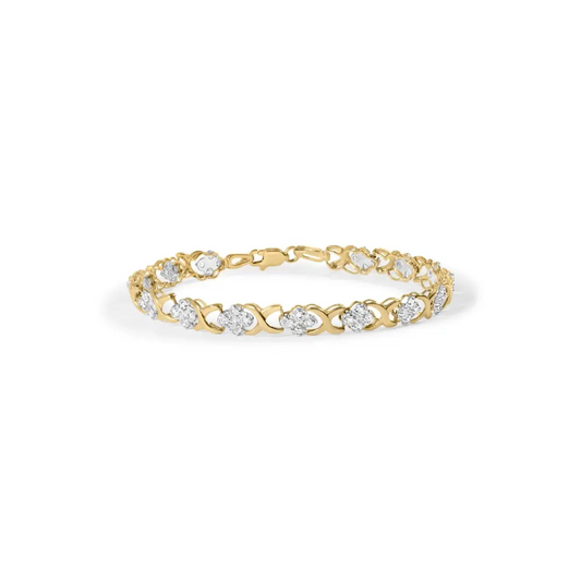 10k yellow gold 1.00 cttw diamond 5 stone floral cluster and ’x’ link 7’’ bracelet (i j color i3 clarity) bracelets/bracelet/link
