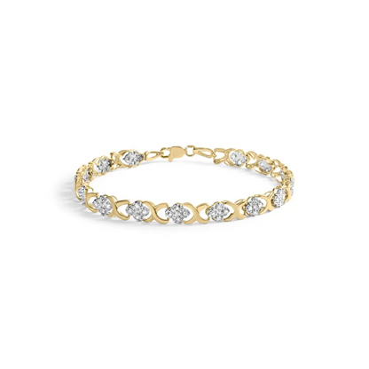 10k yellow gold 1.00 cttw diamond 5 stone floral cluster and ’x’ link 7’’ bracelet (i j color i3 clarity) bracelets/bracelet/link