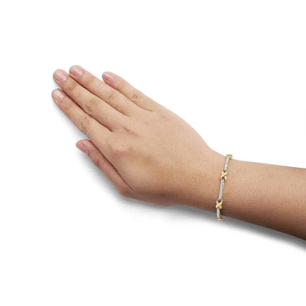 10k yellow gold 1.00 cttw pave set diamond bar and x link 7’’ bracelet (i j color i3 quality) bracelets/bracelet/link handcrafted