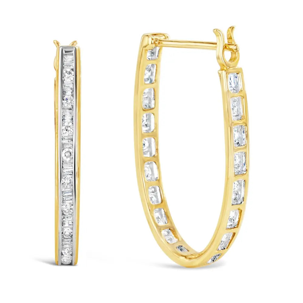 10k yellow gold 1.00 cttw round and baguette diamond u-hoop earrings bijoux-nyc direct