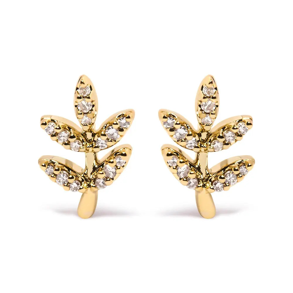 10K Yellow Gold 1/10 Cttw Diamond Accented Leaf and Branch Stud Earrings (H-I Color, I1-I2 Clarity) - Bijoux-NYC Direct