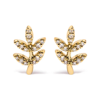 10K Yellow Gold 1/10 Cttw Diamond Accented Leaf and Branch Stud Earrings (H-I Color, I1-I2 Clarity) - Bijoux-NYC Direct