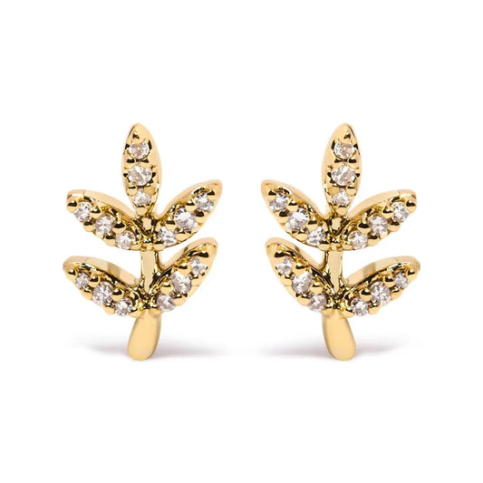 10K Yellow Gold 1/10 Cttw Diamond Accented Leaf and Branch Stud Earrings (H-I Color, I1-I2 Clarity) - Bijoux-NYC Direct