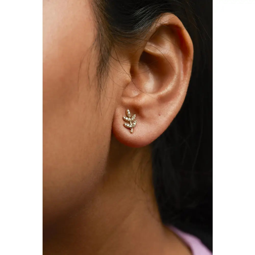Diamond leaf & branch stud earrings in 10k yellow gold – 1/10 cttw