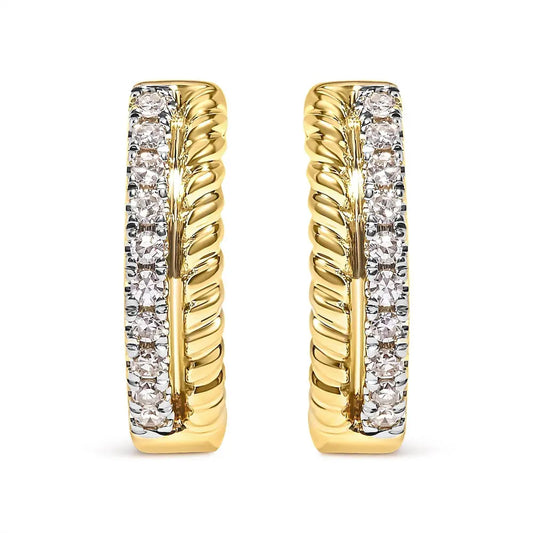10K Yellow Gold 1/10 Cttw Diamond and Rope Twist Huggy Hoop Earrings (H-I Color, I1-I2 Clarity) - Bijoux-NYC Direct