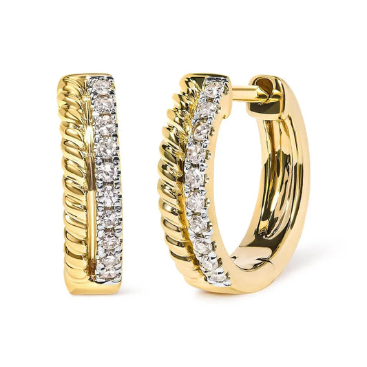 10K Yellow Gold 1/10 Cttw Diamond and Rope Twist Huggy Hoop Earrings (H-I Color, I1-I2 Clarity) - Bijoux-NYC Direct