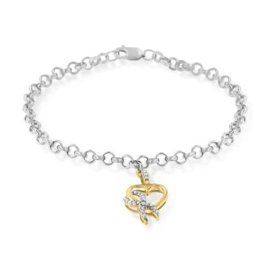 10k yellow gold 1/10 cttw diamond awareness ribbon & heart charm on 7’’.925 sterling silver rolo bracelet (h i color i1 i2