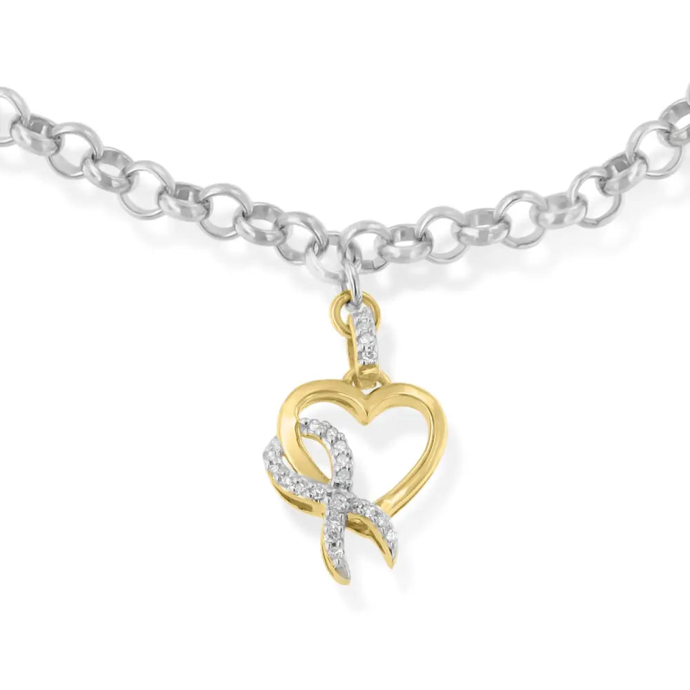 10k yellow gold 1/10 cttw diamond awareness ribbon & heart charm on 7’’.925 sterling silver rolo bracelet (h i color i1 i2