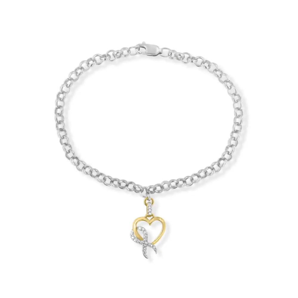 10k gold and sterling silver 1/10 cttw diamond heart ribbon bracelet bijoux-nyc direct