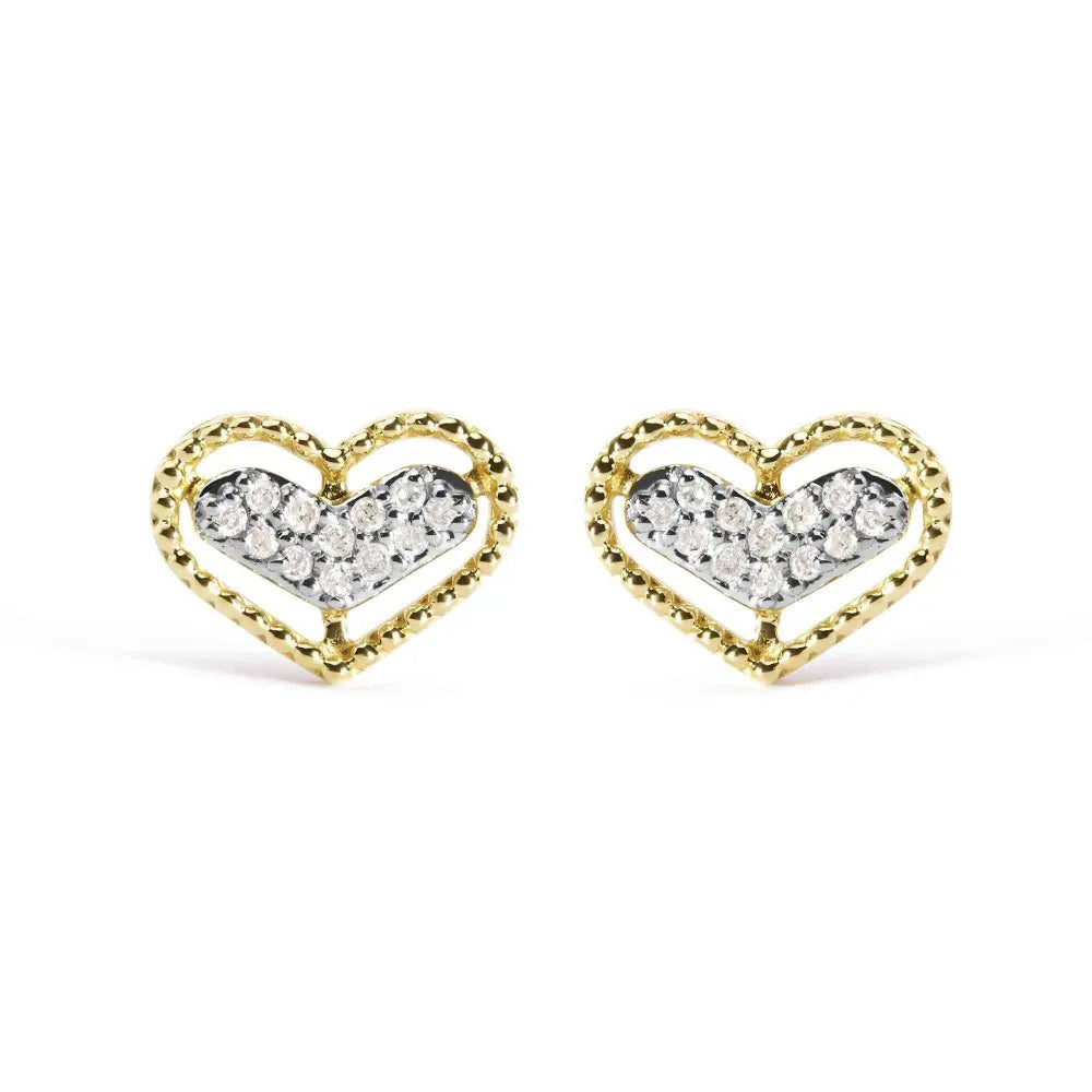 10K Yellow Gold 1/10 Cttw Diamond Heart and Beaded Halo Stud Earrings (I-J Color, I1-I2 Clarity) - Bijoux-NYC Direct