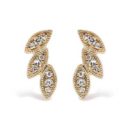 10K Yellow Gold 1/10 Cttw Diamond Triple Leaf Stud Earring (H-I Color, I1-I2 Clarity) - Bijoux-NYC Direct
