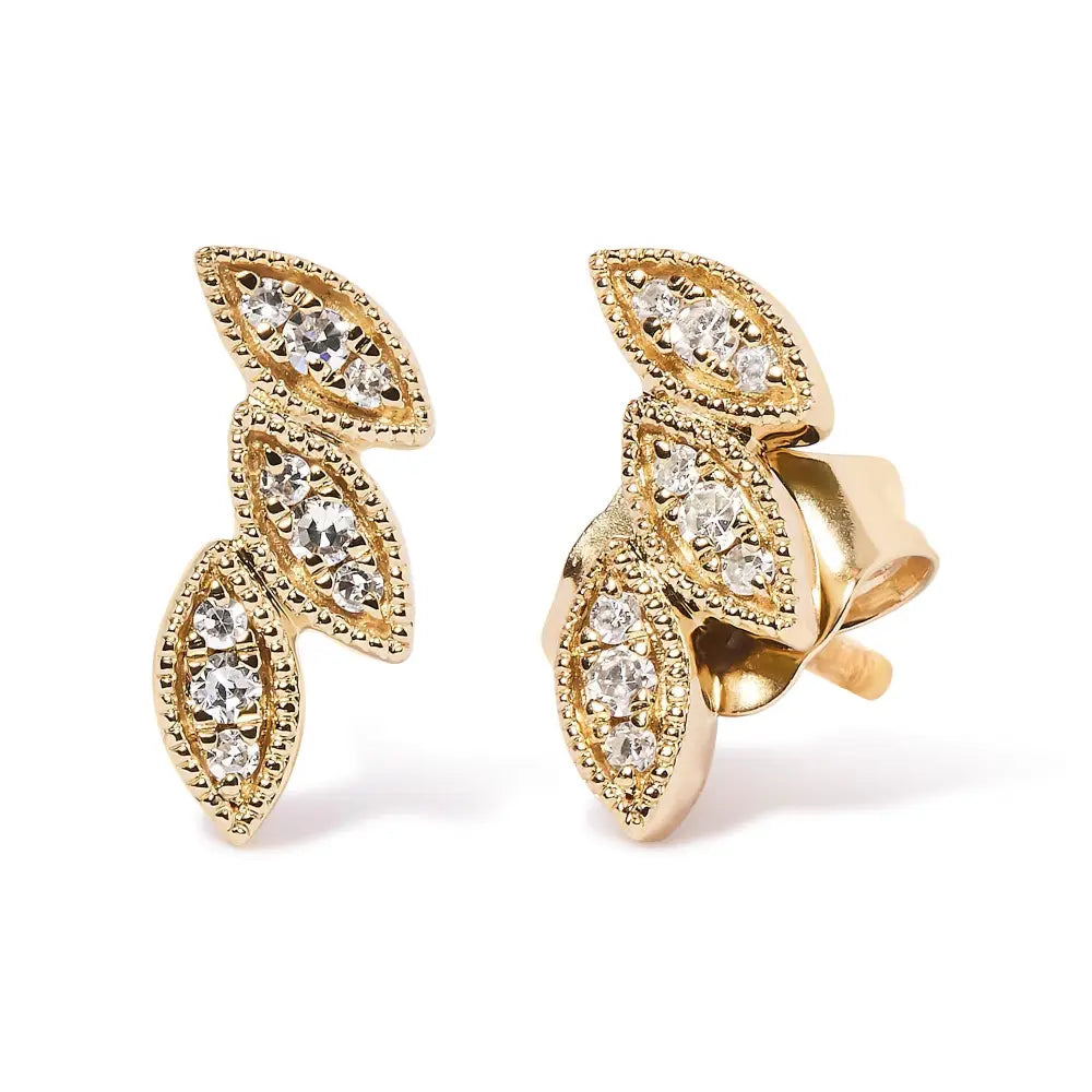 10k yellow gold 1/10 cttw diamond triple leaf stud earrings bijoux-nyc direct